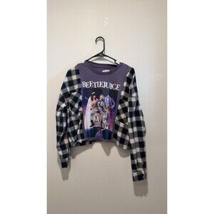 Reworked Upcycle Grunge Oversize Beetle Juice Halloween Flannel Sweater S/M